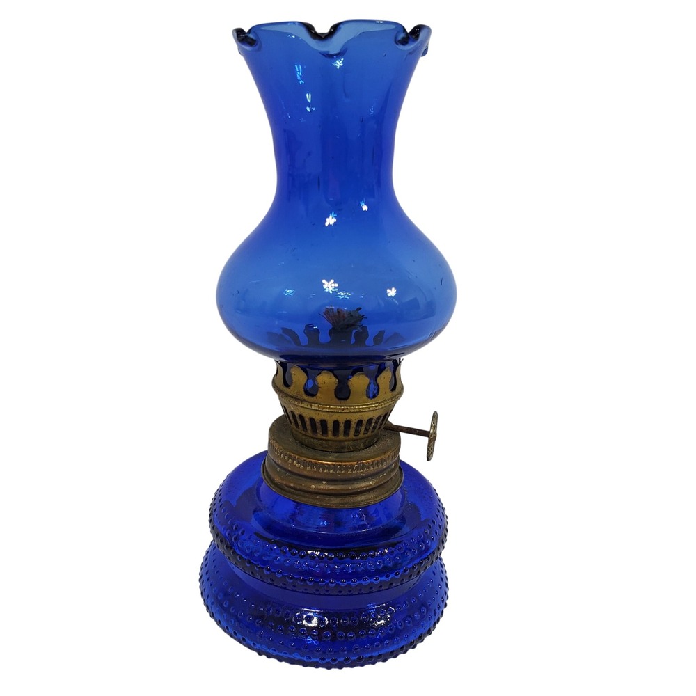 VTG  Cobalt Blue Glass Hobnail‎ Minature Oil Lamp Small 8.5" Blue Brass Burner